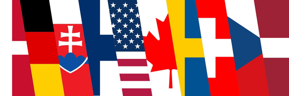 Flags representing the countries participating in the 2026 IHR World Junior Championship, including the United States, Sweden, Slovakia, Switzerland, Germany, Canada, Finland, Czechia, Latvia and Denmark.