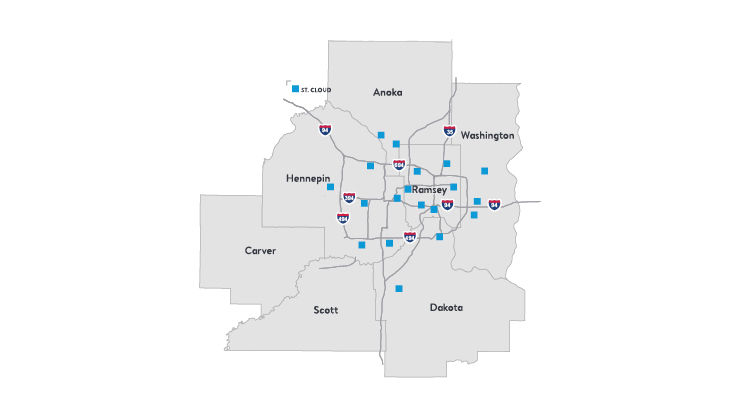 Map of Twin Cities metro area featuring HealthPartners dental clinic locations