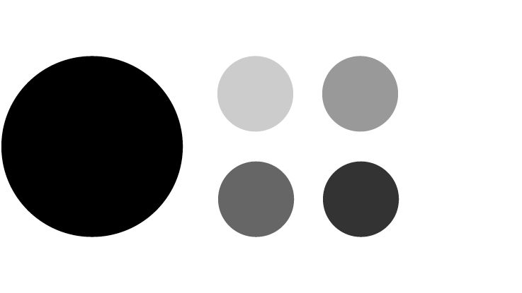 A large black circle paired with smaller dark and light gray circles