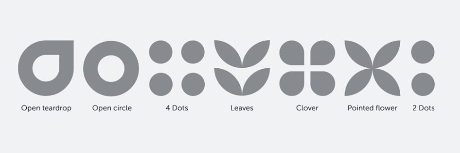 Most commonly used shapes include the open teardrop, open circle, 4 dots, leaves, clover, pointed flower and 2 dots.
