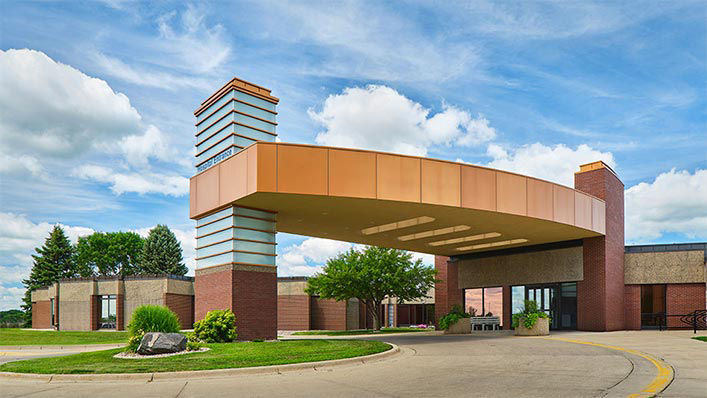 A view of the Hutchinson Health Hospital main entrance