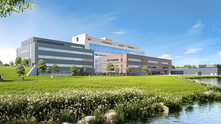 View of the front of the new Lakeview Hospital campus from the southwest.