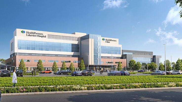A view of the new HealthPartners Lakeview Hospital and HealthPartners Clinic in Stillwater, as imagined by our design teams.