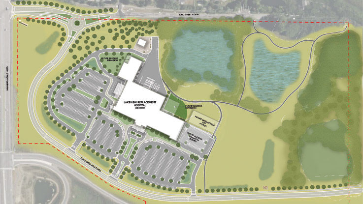 A map shows that with more than five acres of wetland, natural vegetation and buffer areas, the new campus will incorporate green space, trails, pedestrian ways and common areas.