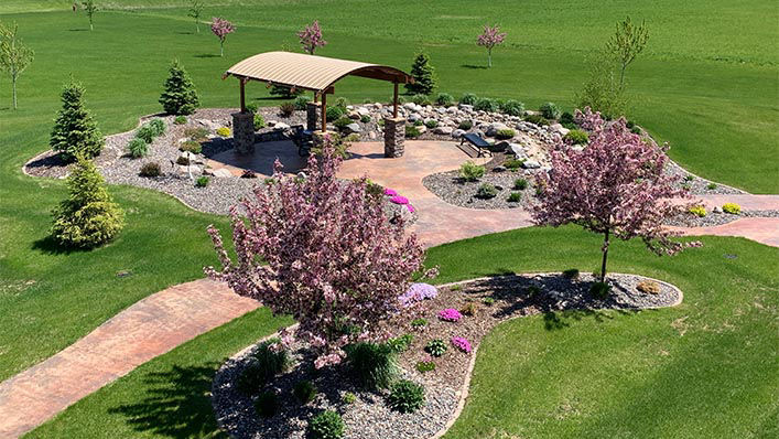 An overhead view of Alma's Garden, a beautiful space with flowers and serene landscaping.