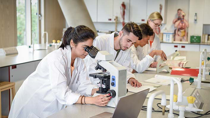 A group of scientists, using a microscope and measuring equipment, perform experiments in a lab.