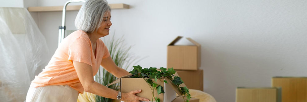  A woman lifts a small moving box containing a plant.