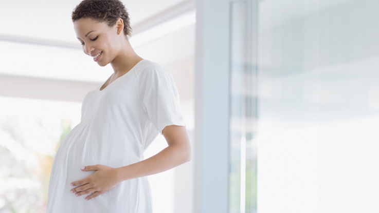 Standing in front of her living room windows, a pregnant young woman smiles at her stomach.