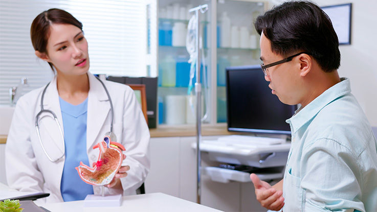 Doctor uses a stomach model to explain the reasons for a patient's digestive health problems. 