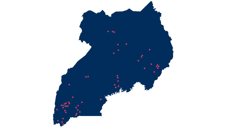  A map of Uganda features red dots, showing the locations of co-op care center sites.