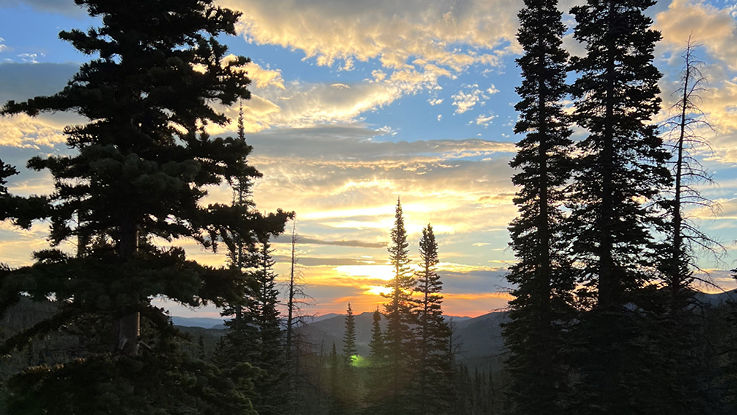 A photo of a sunset with a sky full of clouds and trees in the foreground.