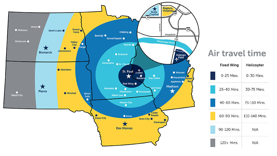 A map of Minnesota, Wisconsin, Iowa, North Dakota and South Dakota that shows the flight time via a fixed wing plane or a helicopter to the Regions Hospital Burn Center.