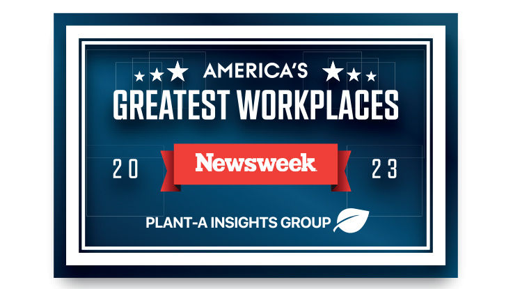 Logo for America's Greatest Workplaces 2023 by Newsweek and Plant-A Insights Group. 