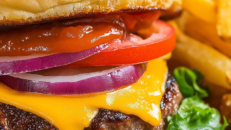 A close-up of a cheeseburger with lettuce, tomato, and red onion on a sesame seed bun in a basket with fries.